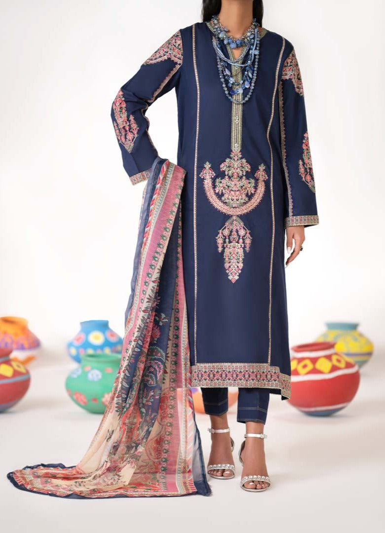 Paas e Parda Luxe 3 Piece Summer Cotton Lawn Outfit Navy Blue - Desi Posh