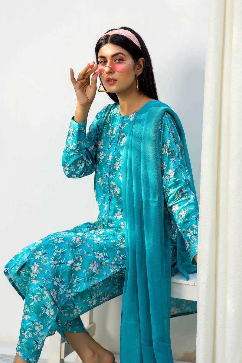 Floral Lawn Teal Outfit With Printed Tulip Salwar and Dupatta - Desi Posh