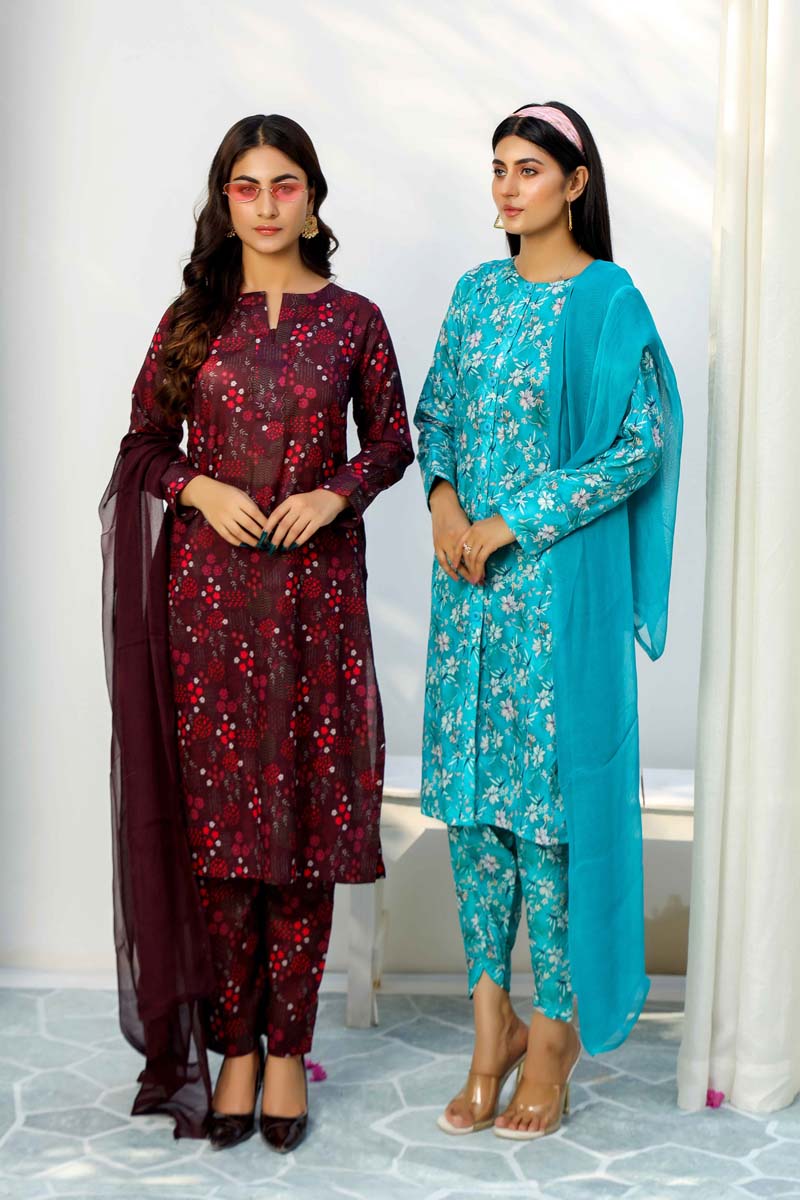 Floral Lawn Plum Outfit With Printed Trousers and Dupatta 0011 - Desi Posh