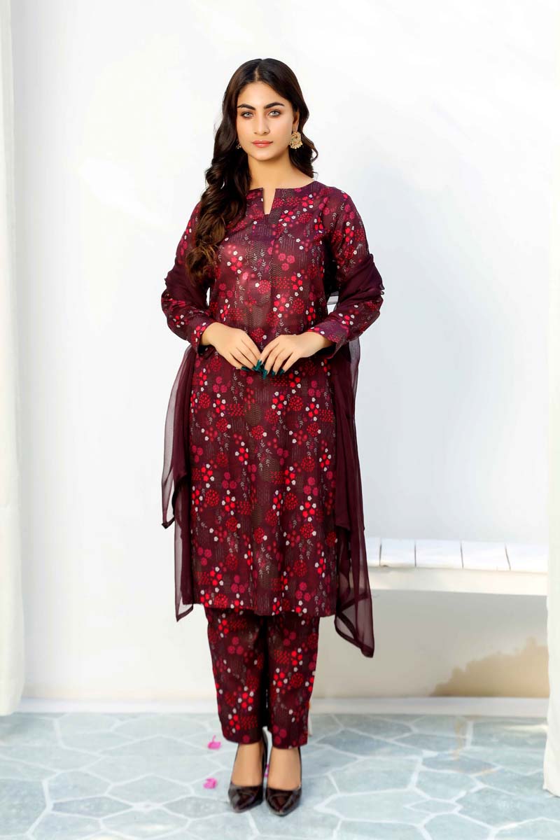 Floral Lawn Plum Outfit With Printed Trousers and Dupatta 0011 - Desi Posh