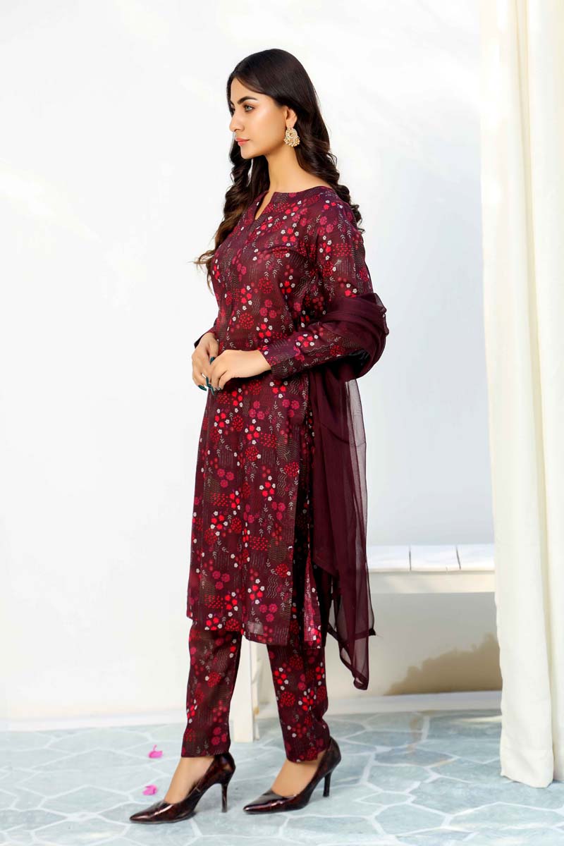 Floral Lawn Plum Outfit With Printed Trousers and Dupatta 0011 - Desi Posh