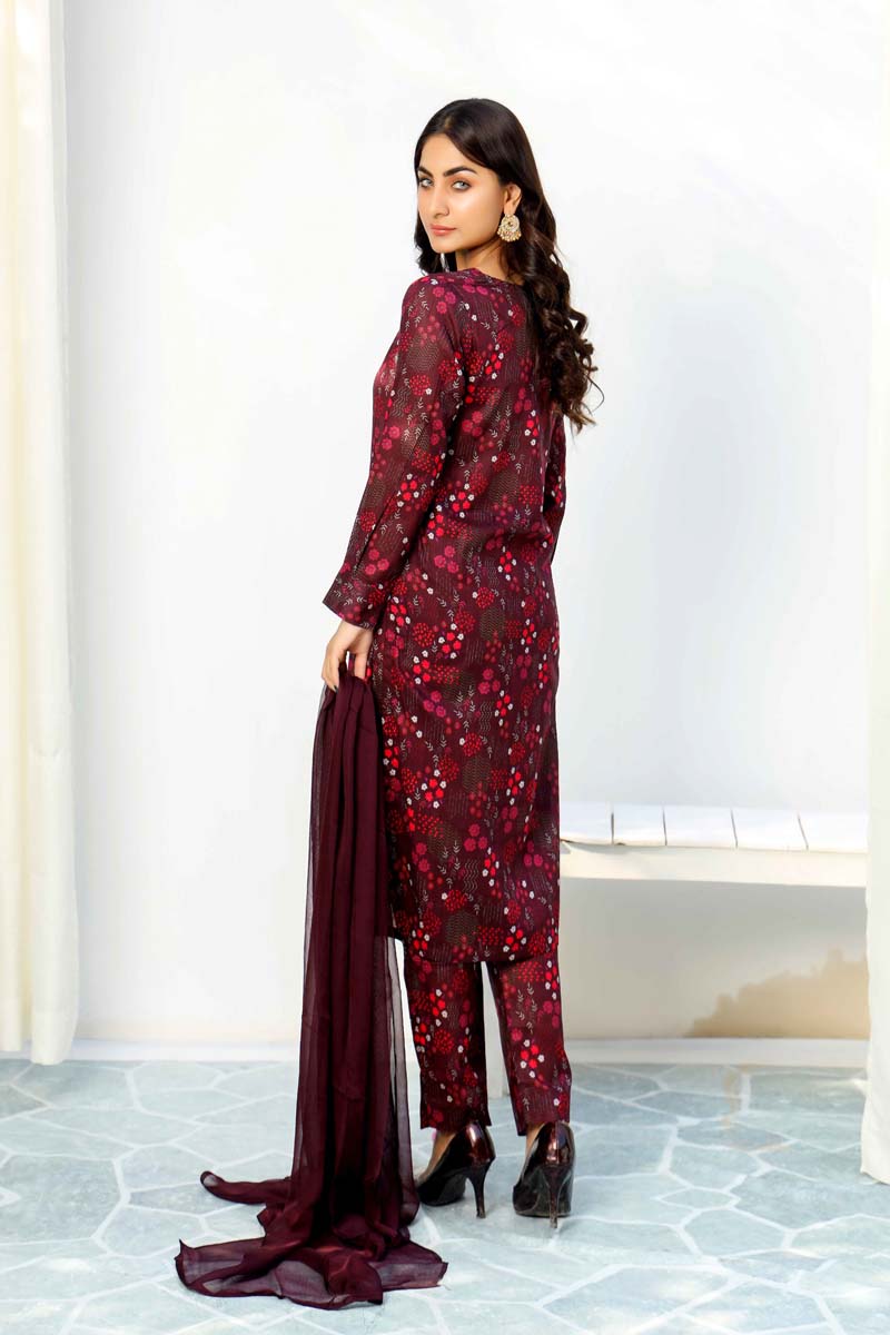 Floral Lawn Plum Outfit With Printed Trousers and Dupatta 0011 - Desi Posh