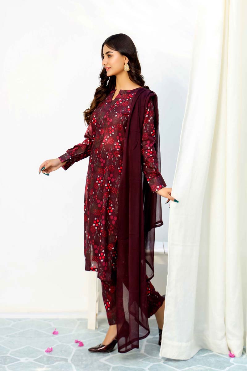 Floral Lawn Plum Outfit With Printed Trousers and Dupatta 0011 - Desi Posh