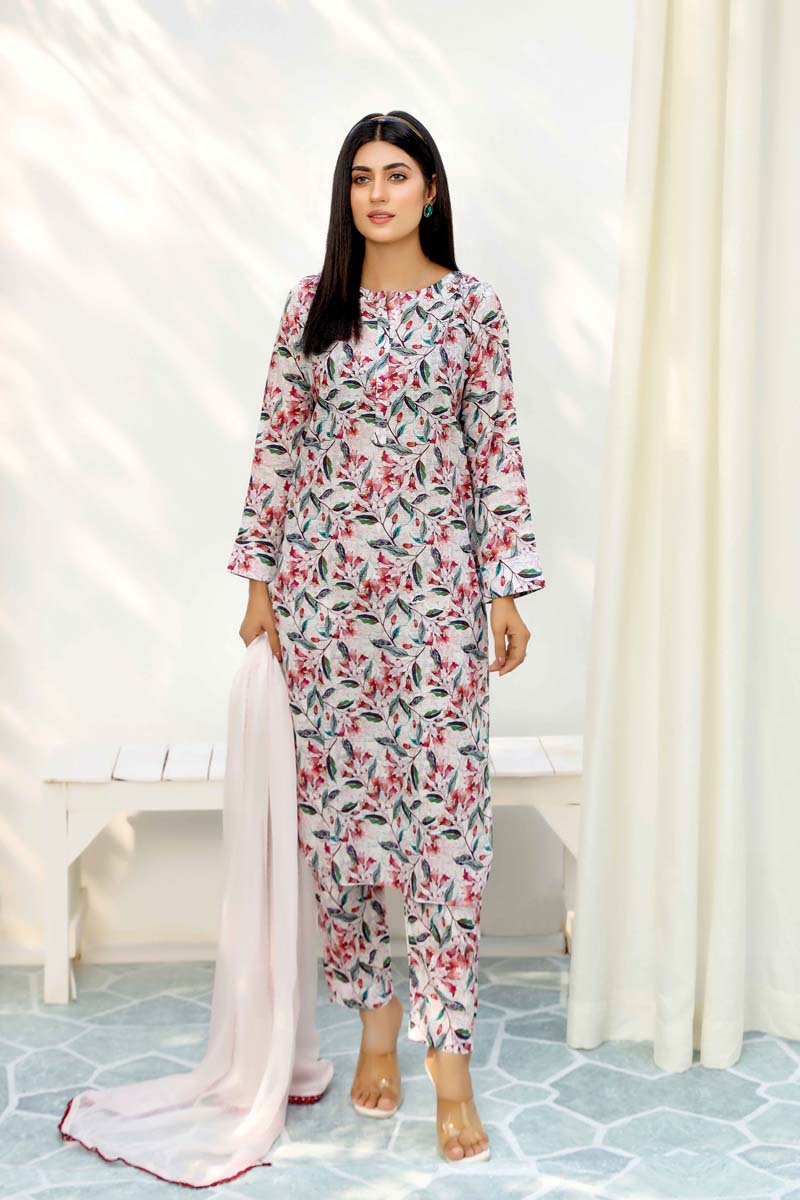 Floral Lawn Light Skin Outfit With Printed Trousers and Dupatta 0012 - Desi Posh