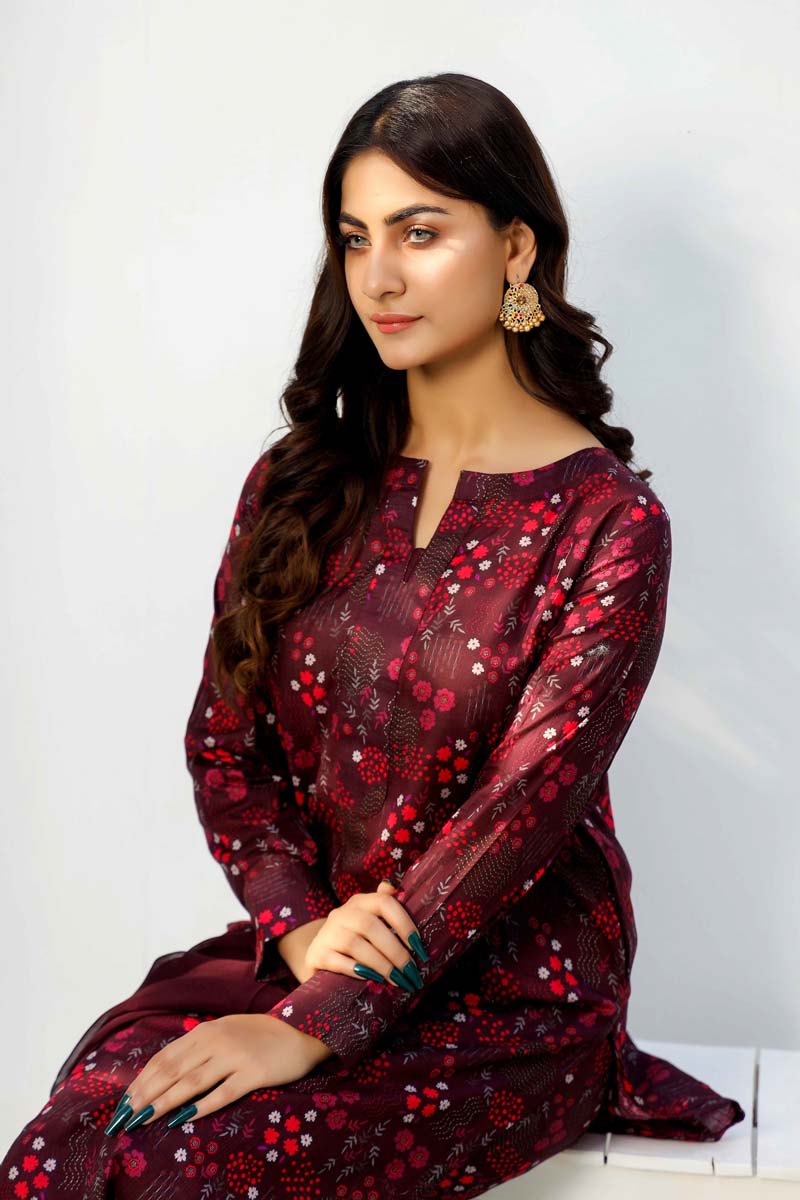 Floral Lawn Plum Outfit With Printed Trousers and Dupatta 0011 - Desi Posh