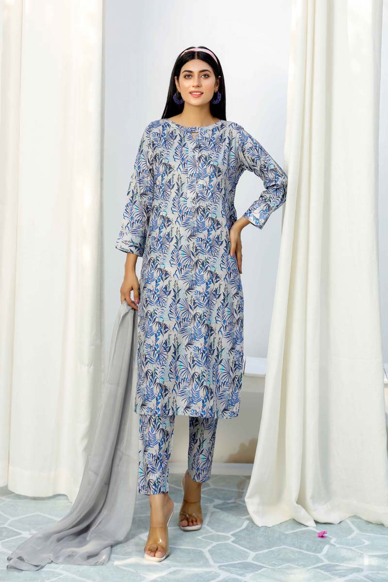 Floral Lawn Grey Outfit With Printed Trousers and Dupatta 0014 - Desi Posh