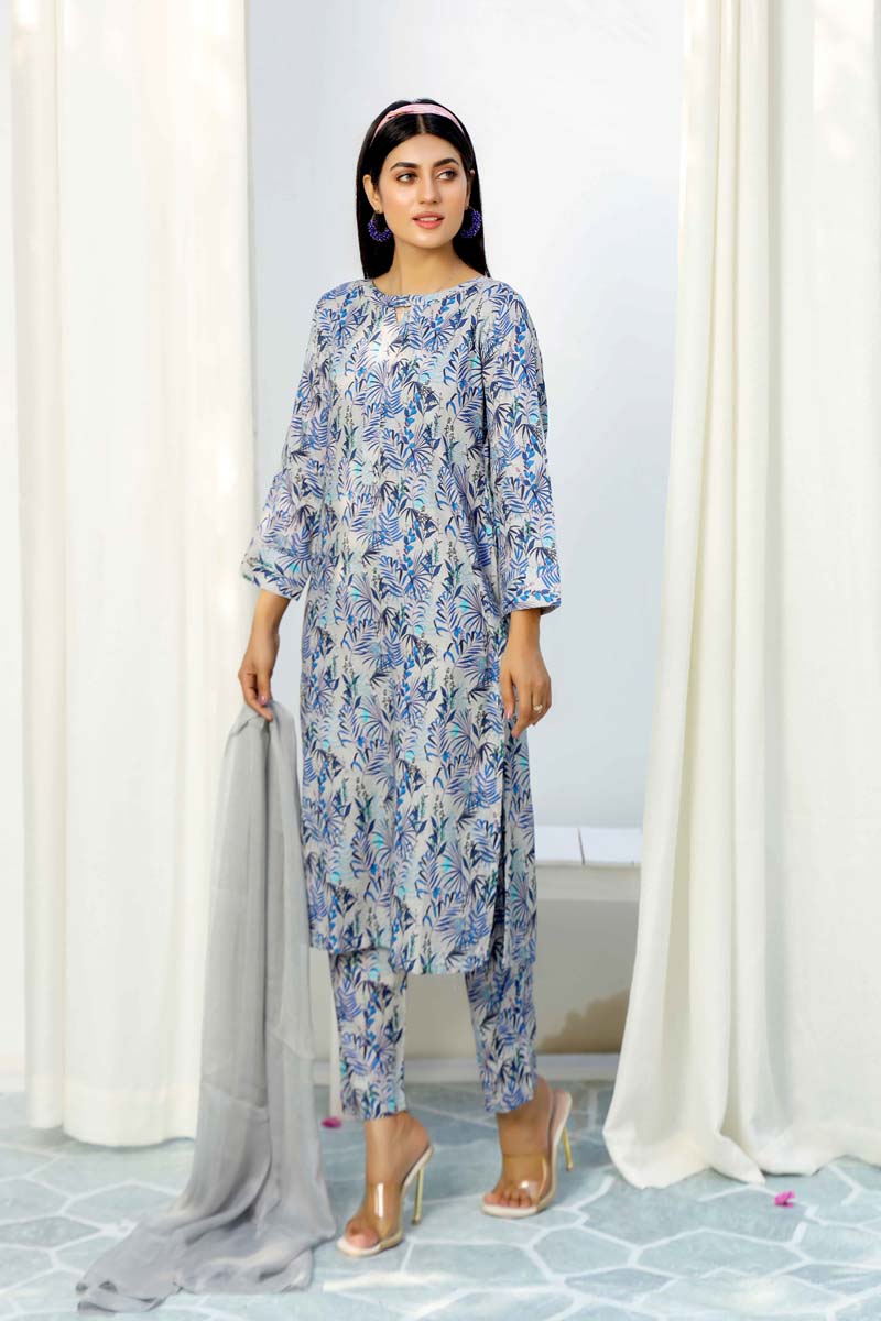 Floral Lawn Grey Outfit With Printed Trousers and Dupatta 0014 - Desi Posh