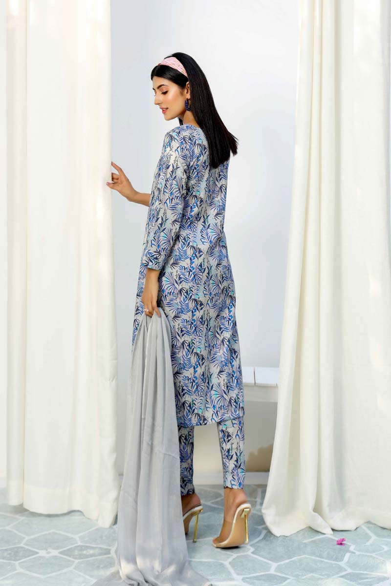 Floral Lawn Grey Outfit With Printed Trousers and Dupatta 0014 - Desi Posh