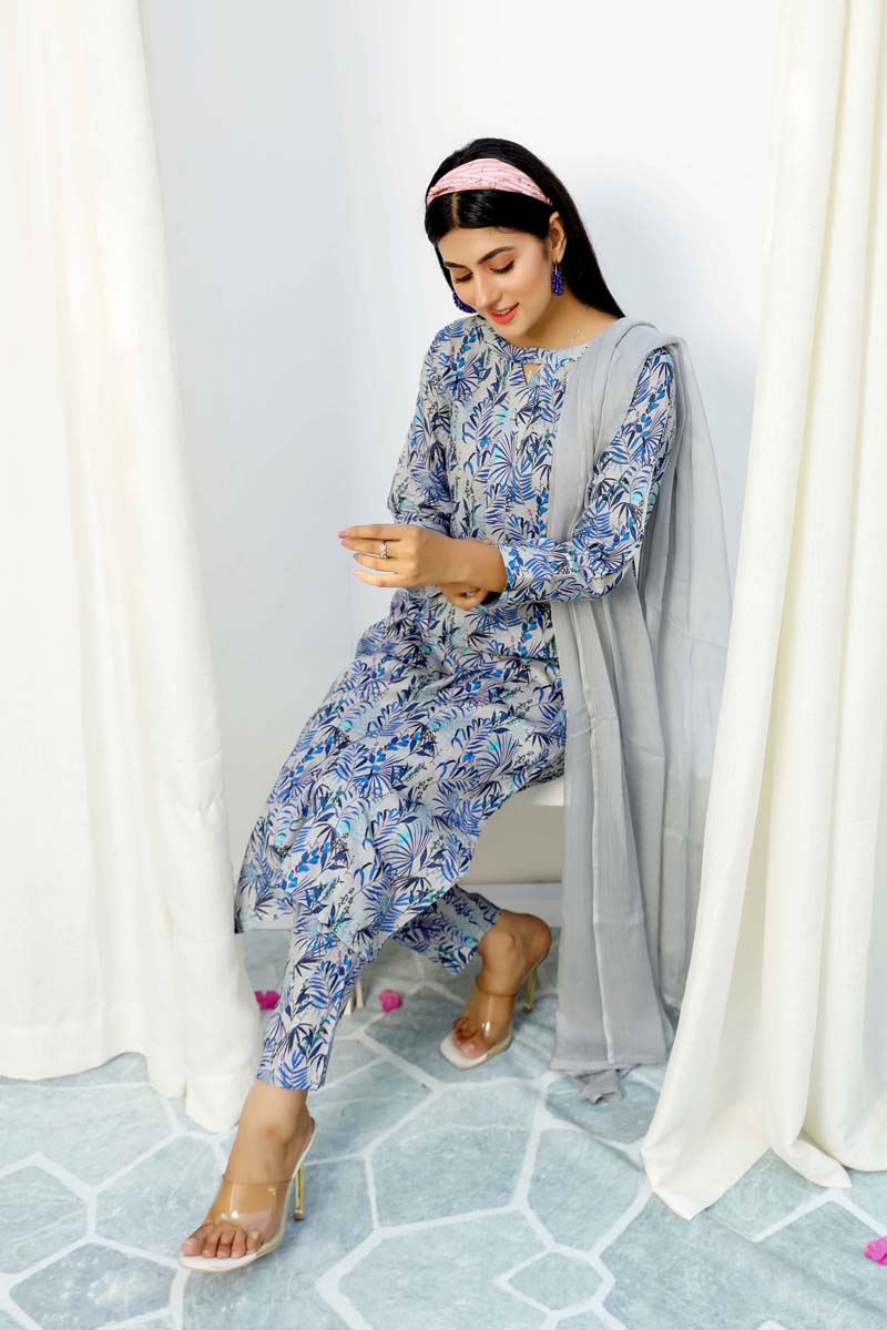 Floral Lawn Grey Outfit With Printed Trousers and Dupatta 0014 - Desi Posh