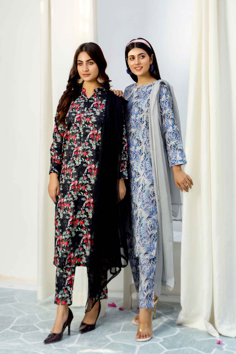 Floral Lawn Grey Outfit With Printed Trousers and Dupatta 0014 - Desi Posh