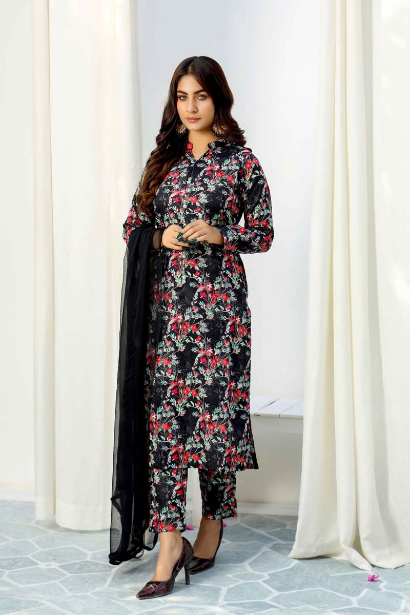 Floral Lawn Black Outfit With Printed Trousers and Dupatta - Desi Posh