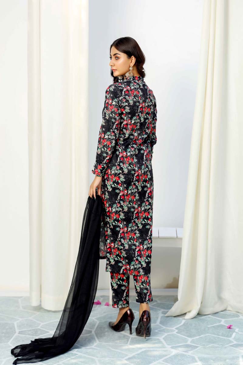 Floral Lawn Black Outfit With Printed Trousers and Dupatta - Desi Posh