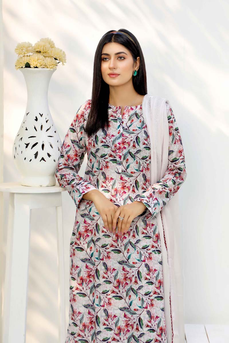 Floral Lawn Light Skin Outfit With Printed Trousers and Dupatta 0012 - Desi Posh
