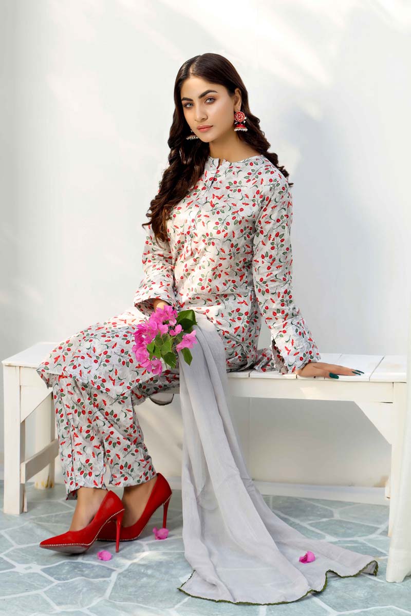 Floral Lawn Light Grey Outfit With Printed Trousers and Dupatta - Desi Posh