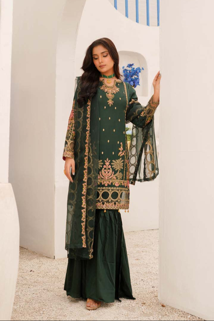 Maria B Chiffon Bottle Green Wedding Gharara Oufit - Desi Posh