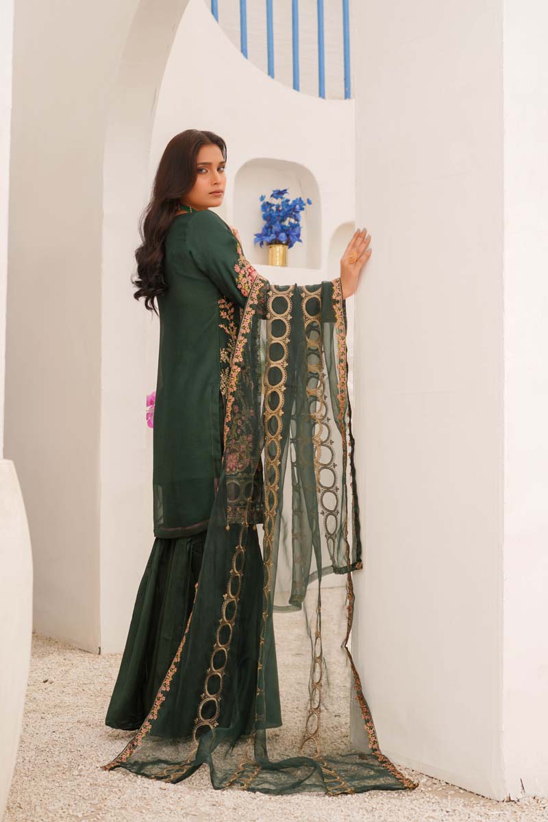 Maria B Chiffon Bottle Green Wedding Gharara Oufit - Desi Posh
