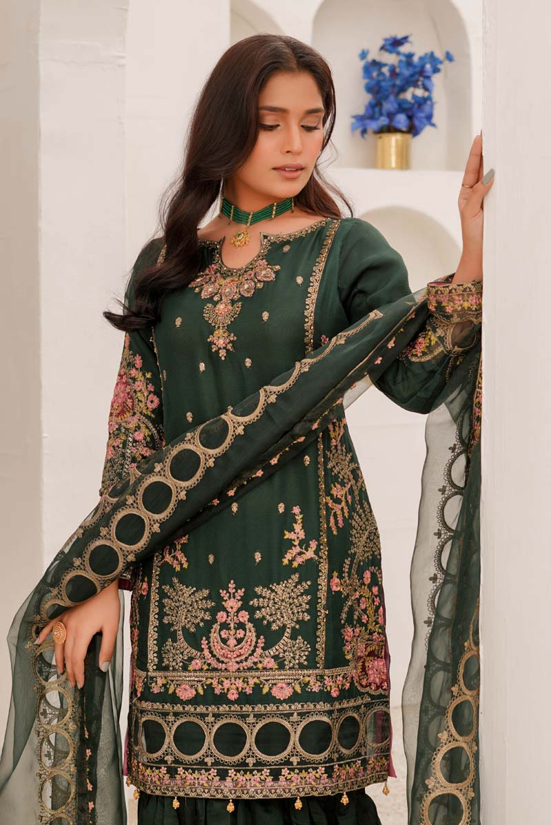 Maria B Chiffon Bottle Green Wedding Gharara Oufit - Desi Posh
