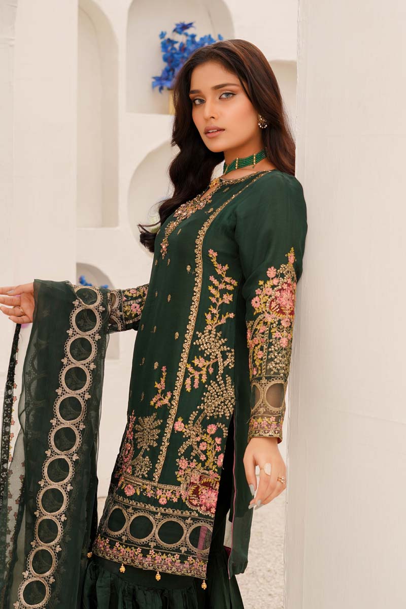 Maria B Chiffon Bottle Green Wedding Gharara Oufit - Desi Posh