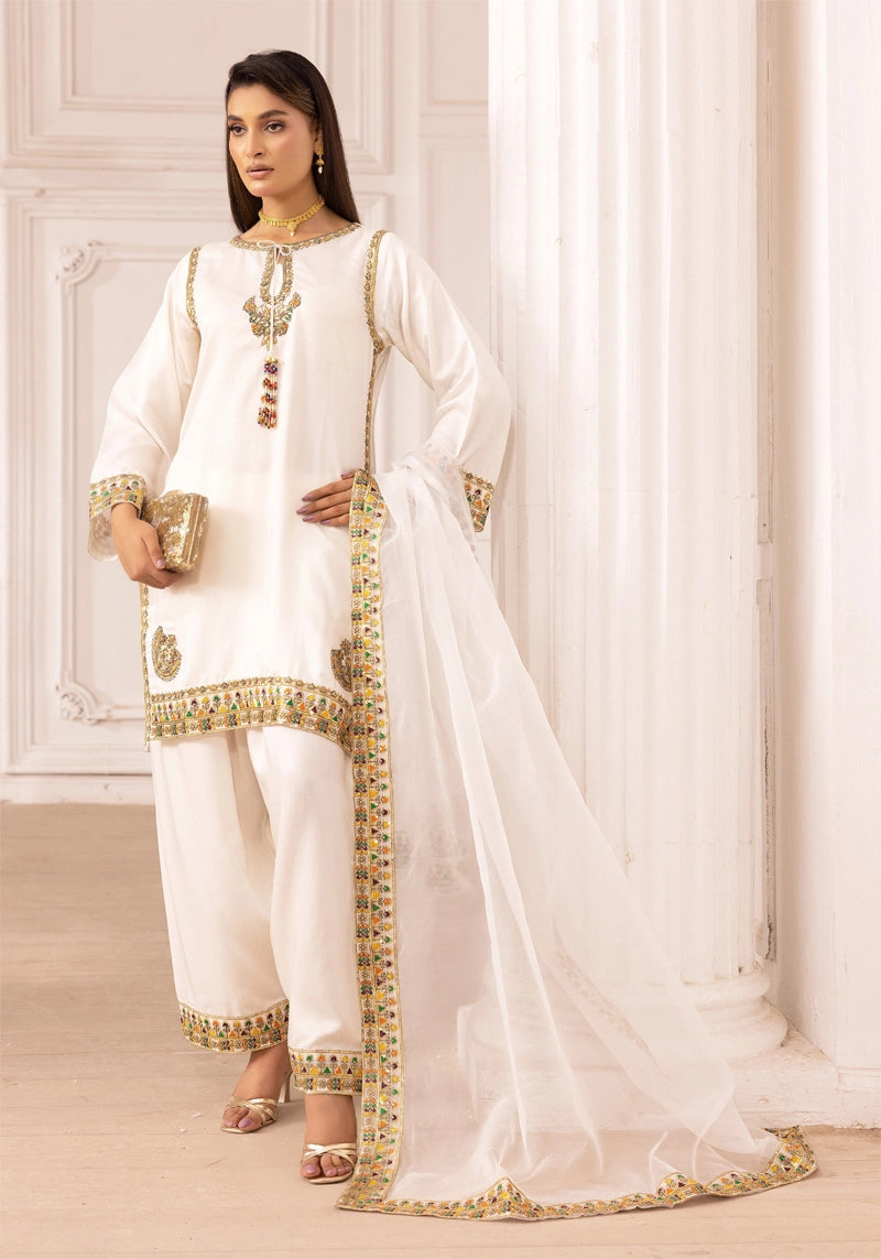 Qalamkar Inspired Embroidered Farshi Salwar 3 Piece Viscose Party Outfit White - Desi Posh