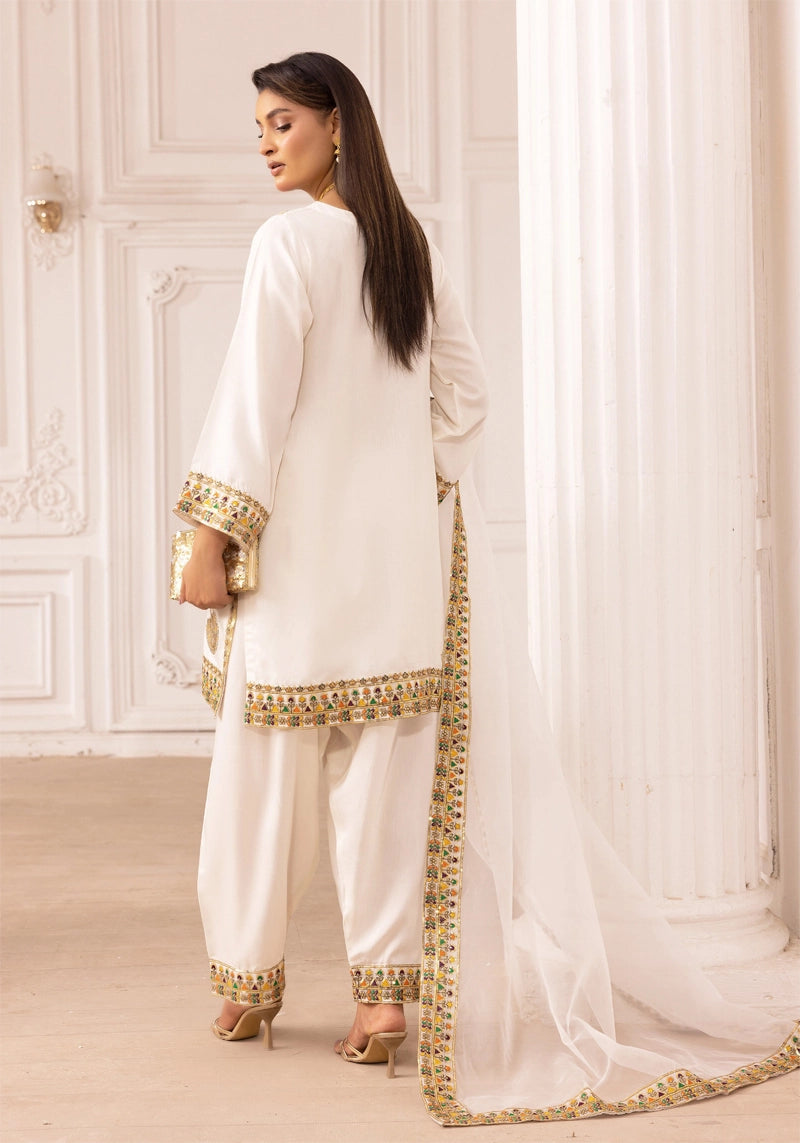 Qalamkar Inspired Embroidered Farshi Salwar 3 Piece Viscose Party Outfit White - Desi Posh