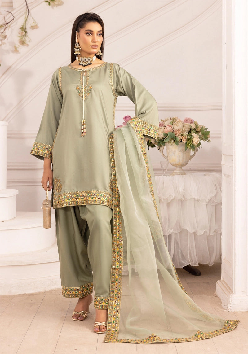 Qalamkar Inspired Embroidered Farshi Salwar 3 Piece Viscose Party Outfit Green - Desi Posh