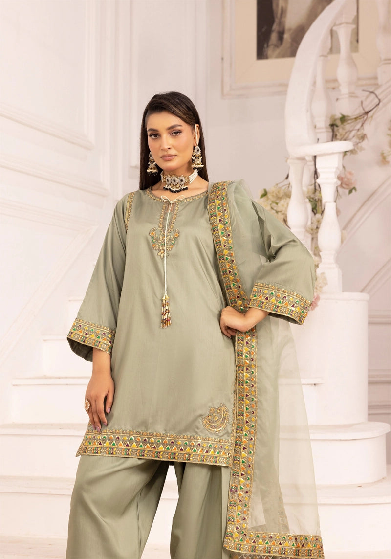 Qalamkar Inspired Embroidered Farshi Salwar 3 Piece Viscose Party Outfit Green - Desi Posh