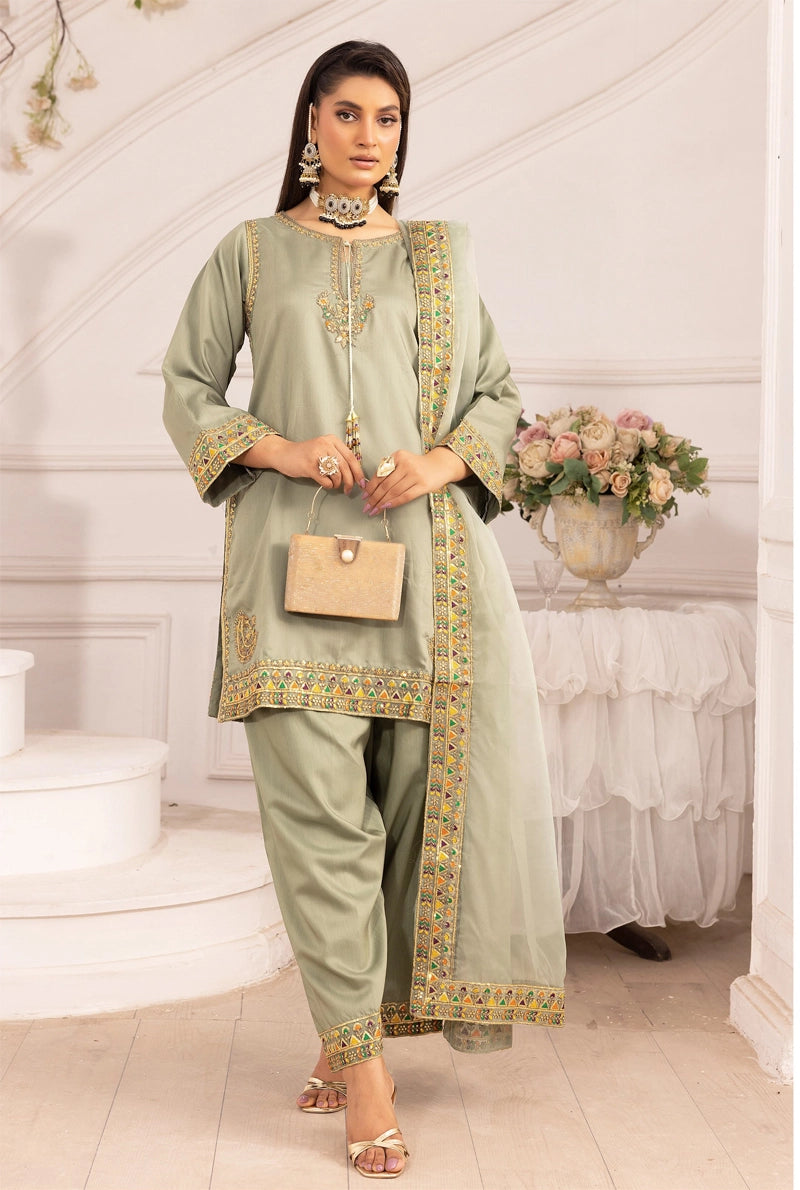 Qalamkar Inspired Embroidered Farshi Salwar 3 Piece Viscose Party Outfit Green - Desi Posh