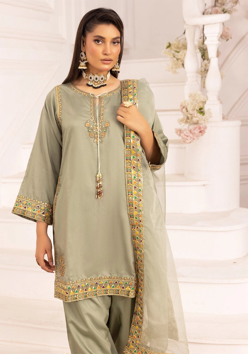 Qalamkar Inspired Embroidered Farshi Salwar 3 Piece Viscose Party Outfit Green - Desi Posh