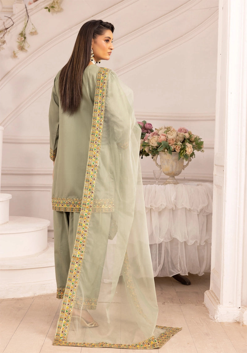Qalamkar Inspired Embroidered Farshi Salwar 3 Piece Viscose Party Outfit Green - Desi Posh
