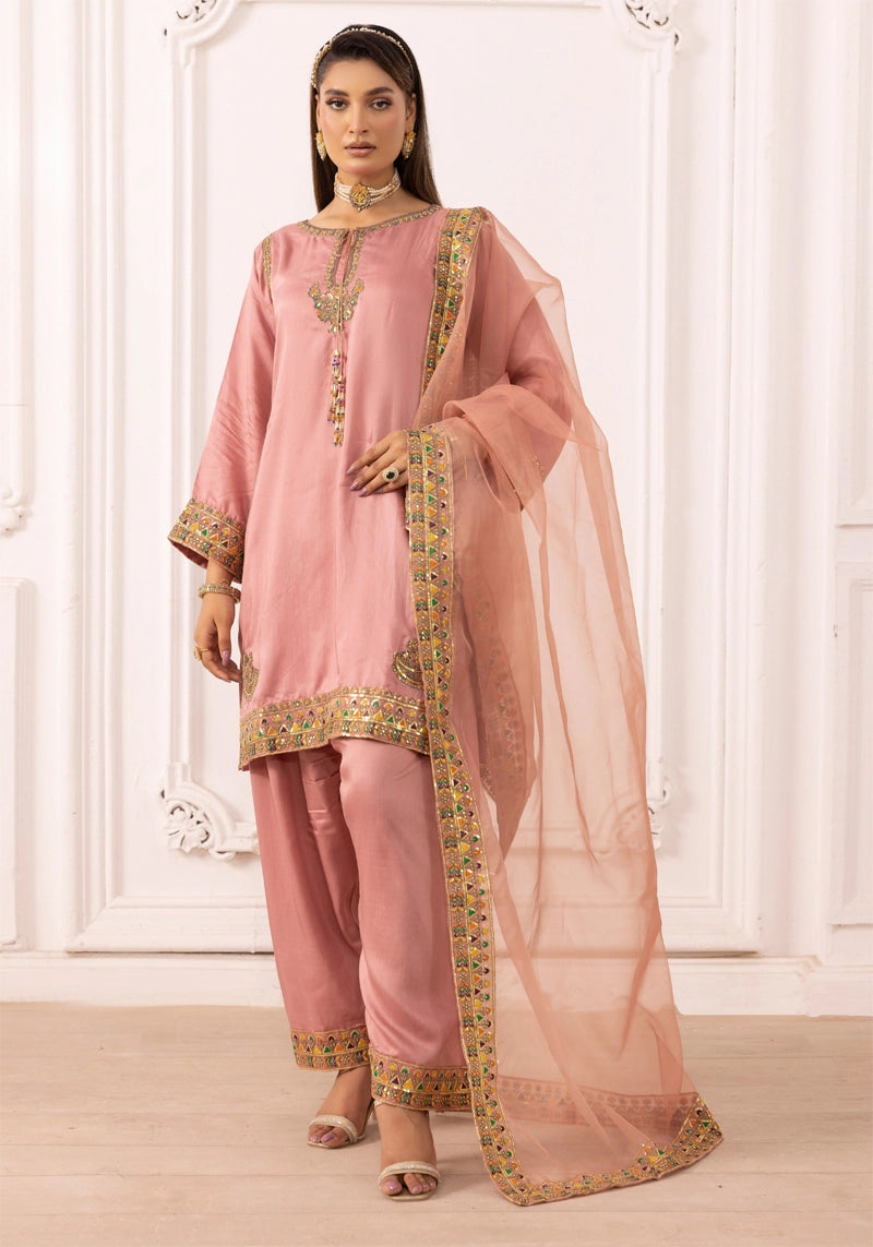 Qalamkar Inspired Embroidered Farshi Salwar 3 Piece Viscose Party Outfit Pink - Desi Posh