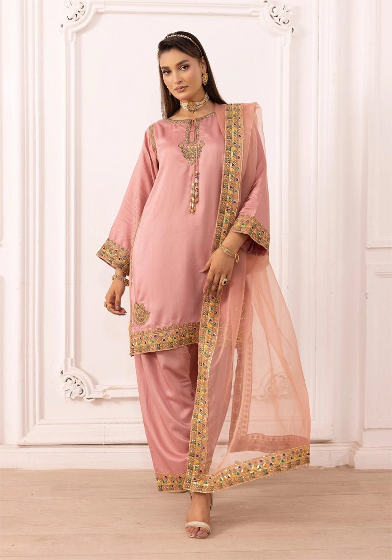 Qalamkar Inspired Embroidered Farshi Salwar 3 Piece Viscose Party Outfit Pink - Desi Posh