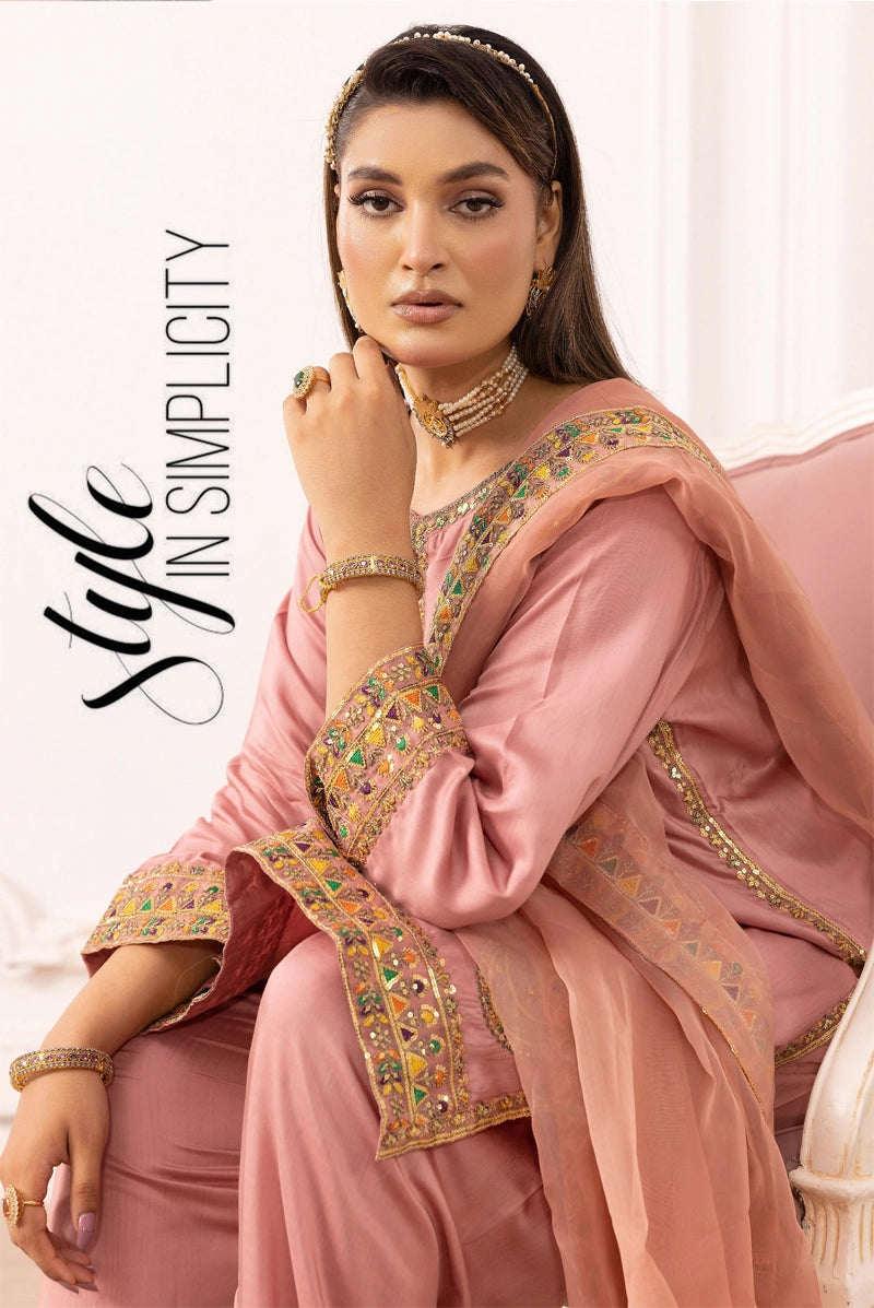 Qalamkar Inspired Embroidered Farshi Salwar 3 Piece Viscose Party Outfit Pink - Desi Posh