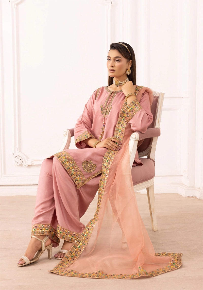 Qalamkar Inspired Embroidered Farshi Salwar 3 Piece Viscose Party Outfit Pink - Desi Posh