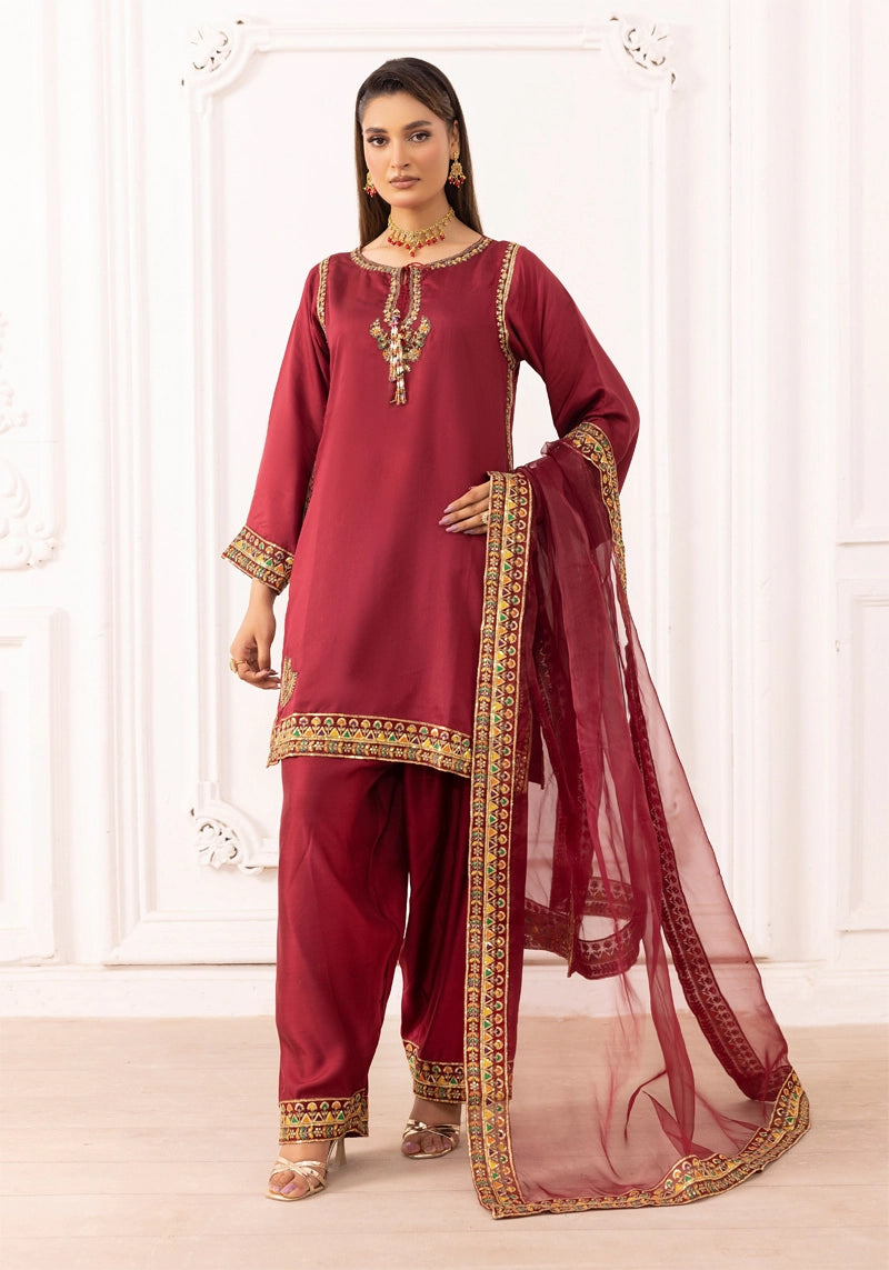 Qalamkar Inspired Embroidered Farshi Salwar 3 Piece Viscose Party Outfit Maroon - Desi Posh