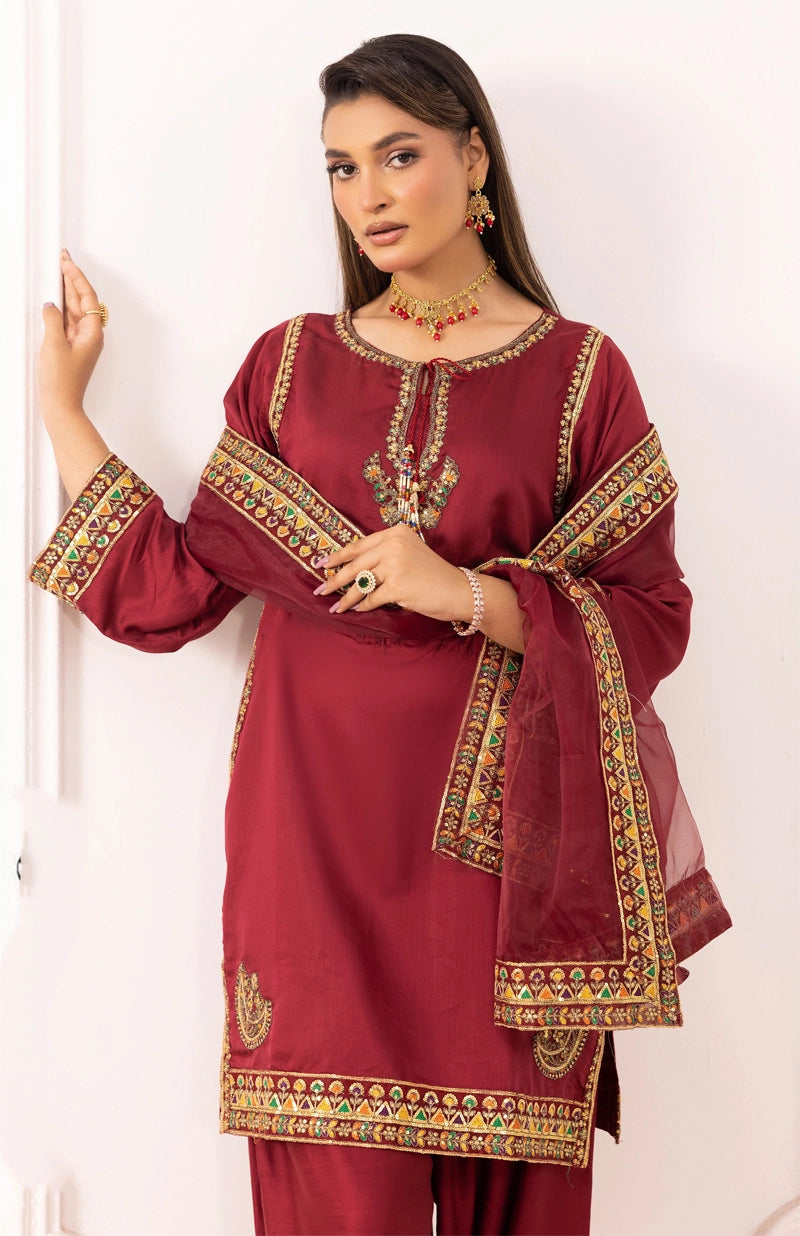 Qalamkar Inspired Embroidered Farshi Salwar 3 Piece Viscose Party Outfit Maroon - Desi Posh