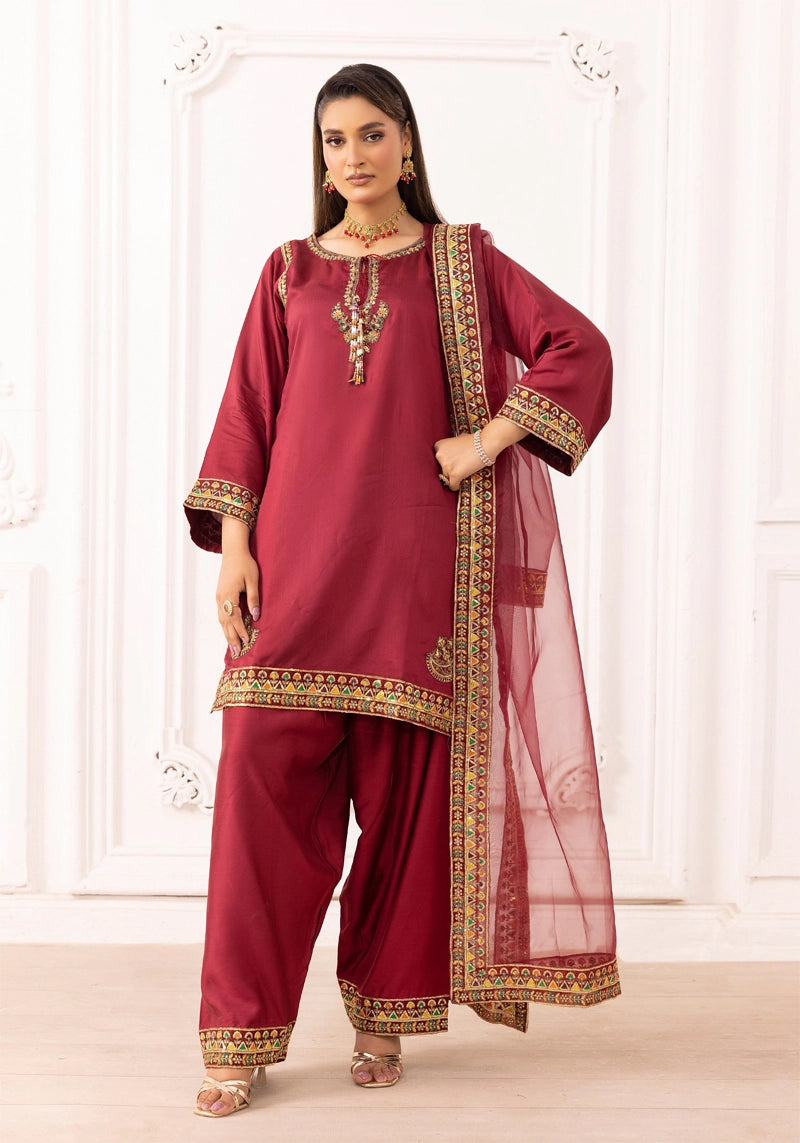 Qalamkar Inspired Embroidered Farshi Salwar 3 Piece Viscose Party Outfit Maroon - Desi Posh