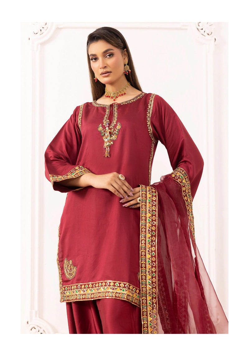 Qalamkar Inspired Embroidered Farshi Salwar 3 Piece Viscose Party Outfit Maroon - Desi Posh