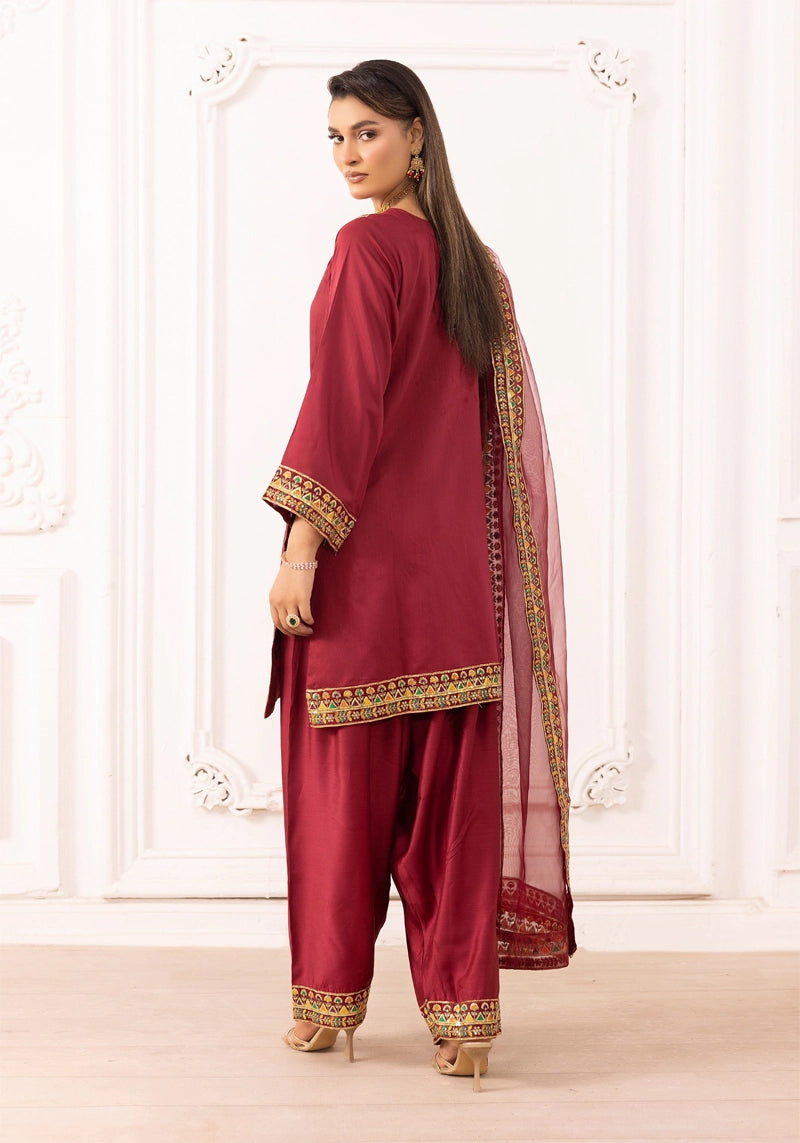 Qalamkar Inspired Embroidered Farshi Salwar 3 Piece Viscose Party Outfit Maroon - Desi Posh