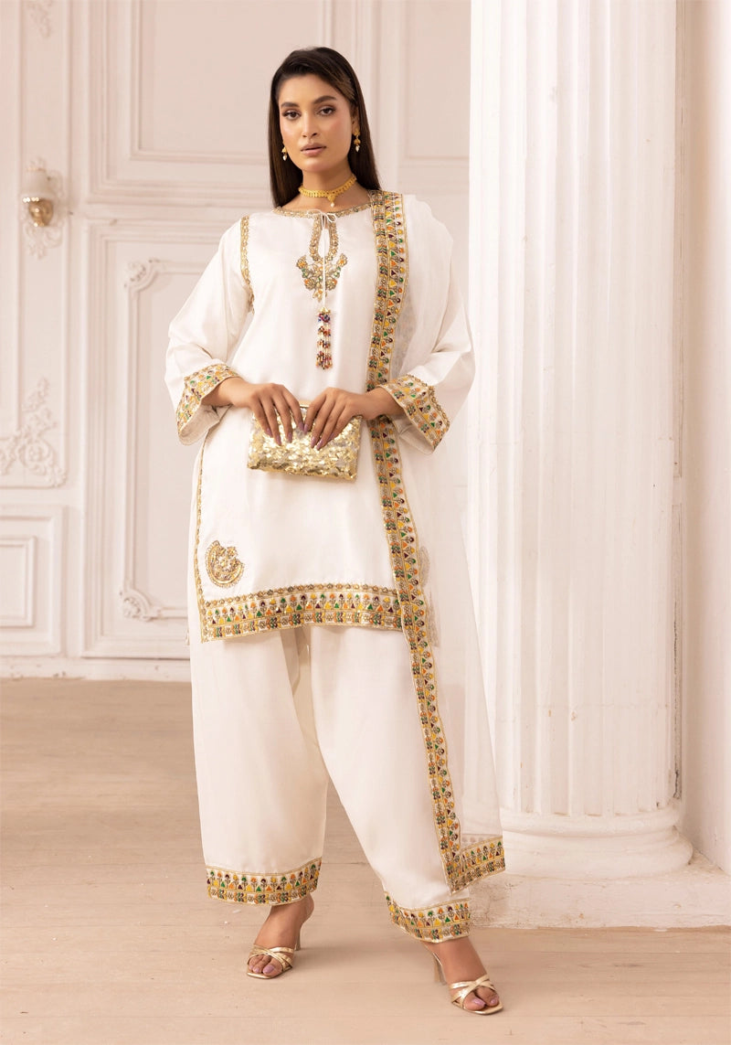 Qalamkar Inspired Embroidered Farshi Salwar 3 Piece Viscose Party Outfit White - Desi Posh