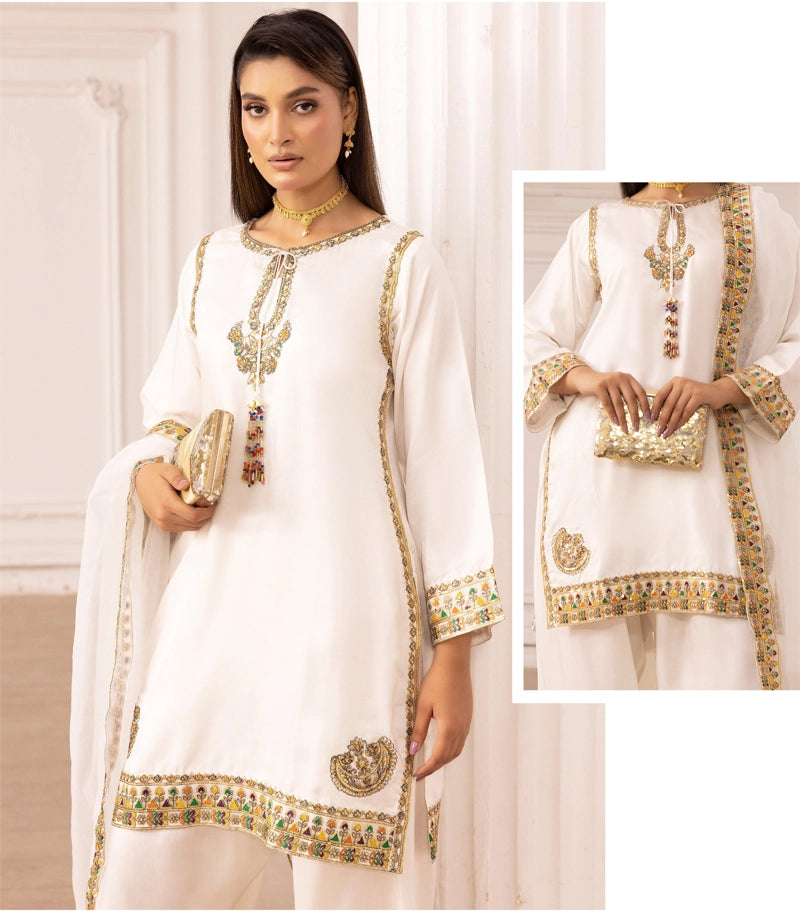Qalamkar Inspired Embroidered Farshi Salwar 3 Piece Viscose Party Outfit White - Desi Posh