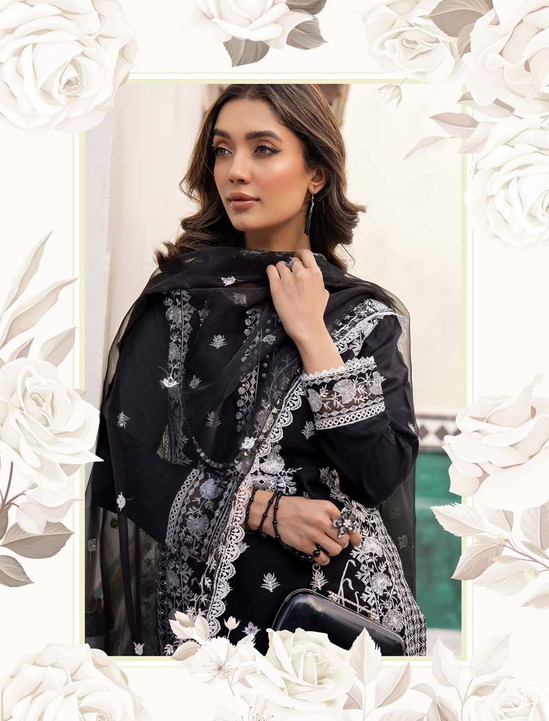 Marea Black Linen Embroidered 3 Piece Suit With Organza Dupatta - Desi Posh