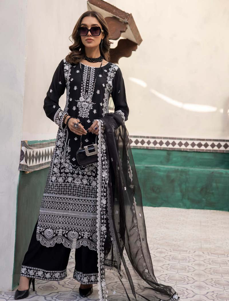 Marea Black Linen Embroidered 3 Piece Suit With Organza Dupatta - Desi Posh