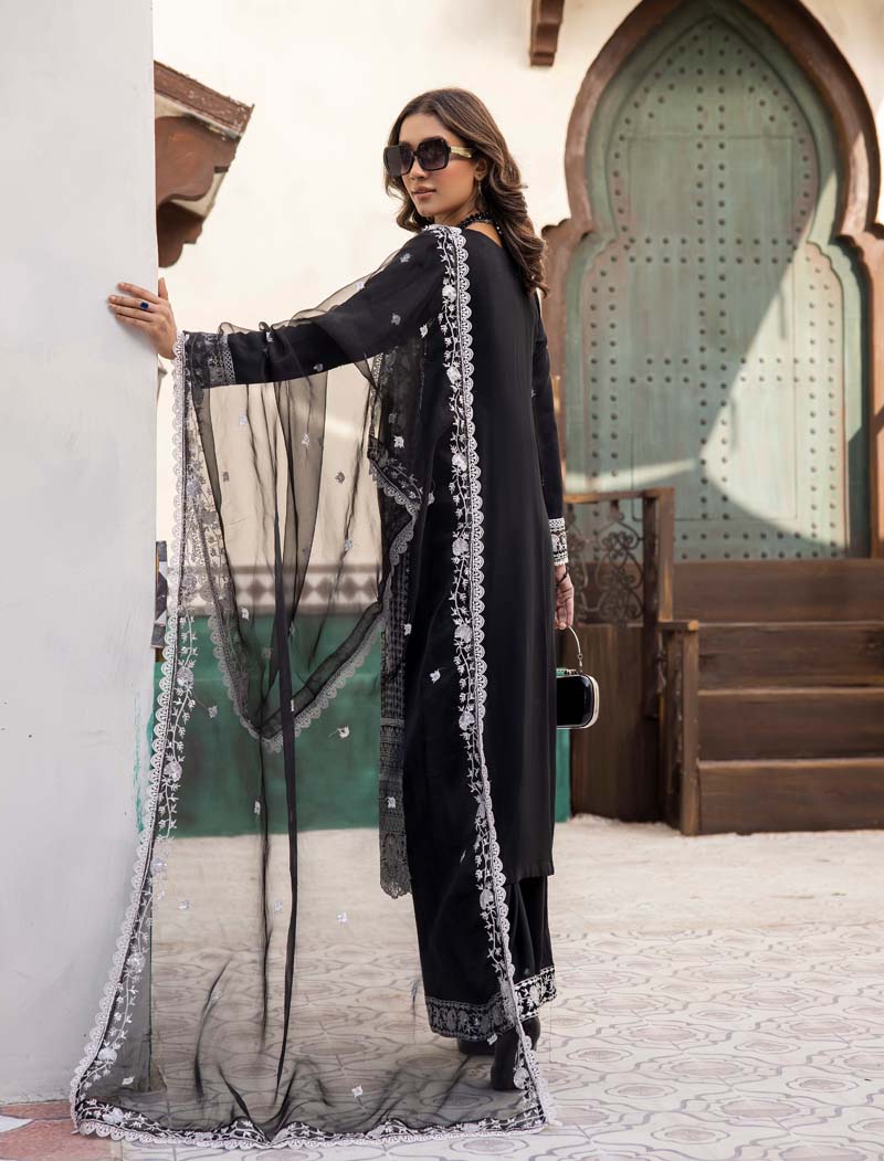 Marea Black Linen Embroidered 3 Piece Suit With Organza Dupatta - Desi Posh