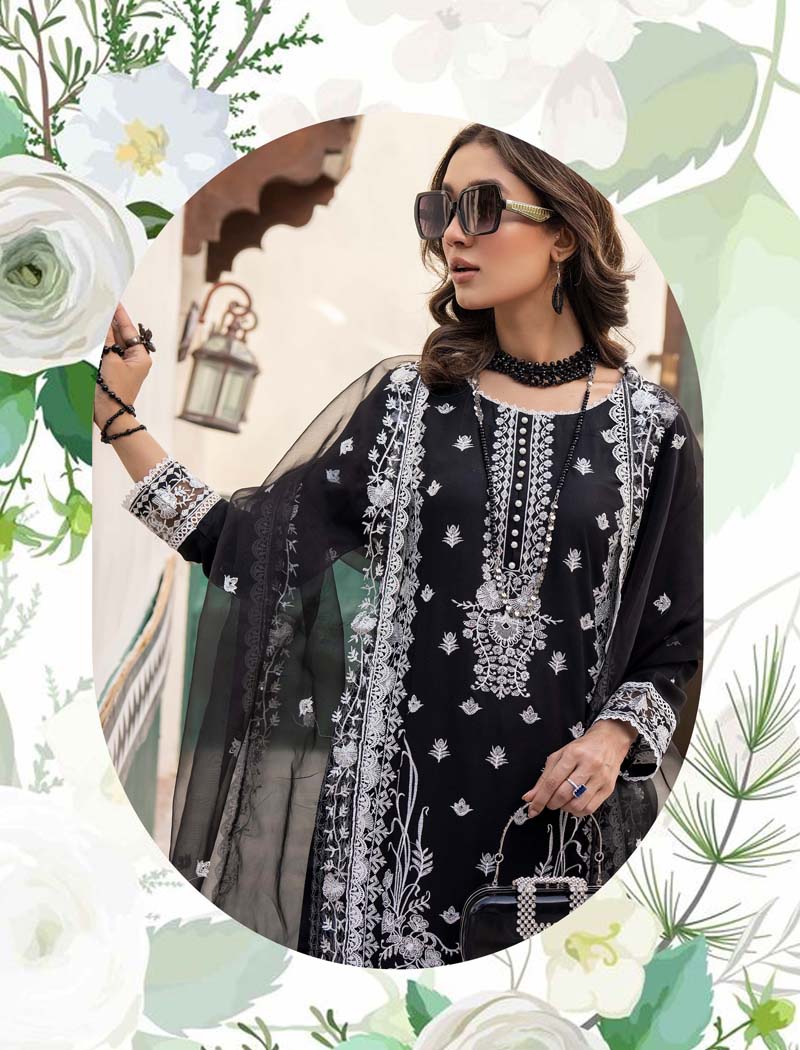 Marea Black Linen Embroidered 3 Piece Suit With Organza Dupatta - Desi Posh