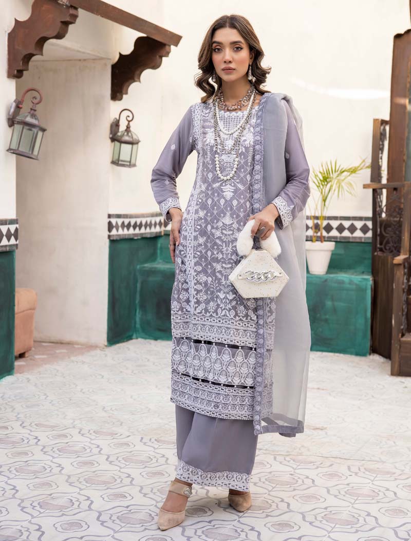 Marea Grey Linen Embroidered 3 Piece Suit With Organza Dupatta - Desi Posh