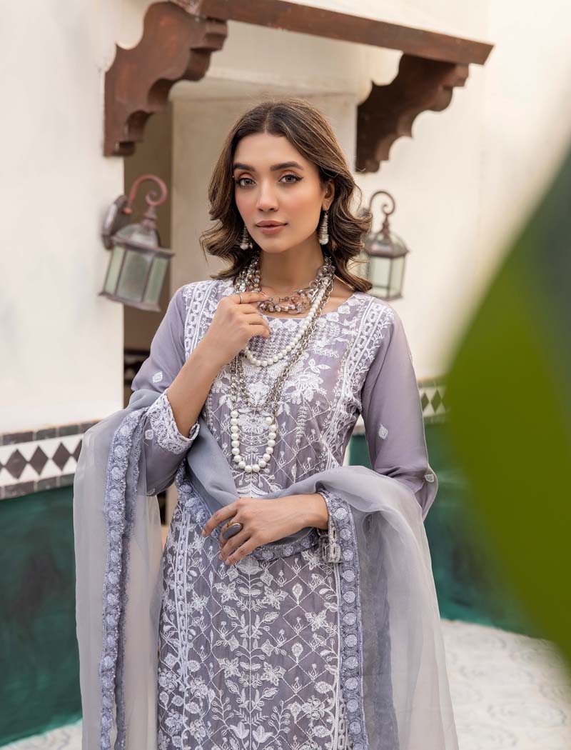 Marea Grey Linen Embroidered 3 Piece Suit With Organza Dupatta - Desi Posh