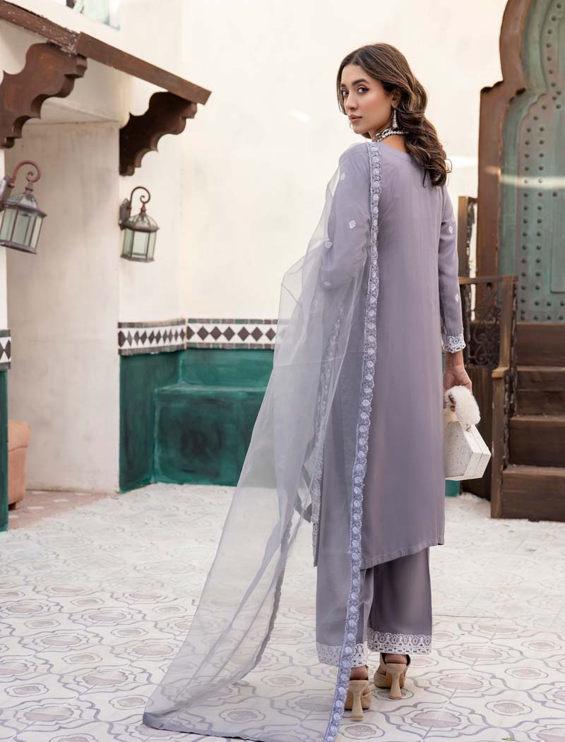 Marea Grey Linen Embroidered 3 Piece Suit With Organza Dupatta - Desi Posh