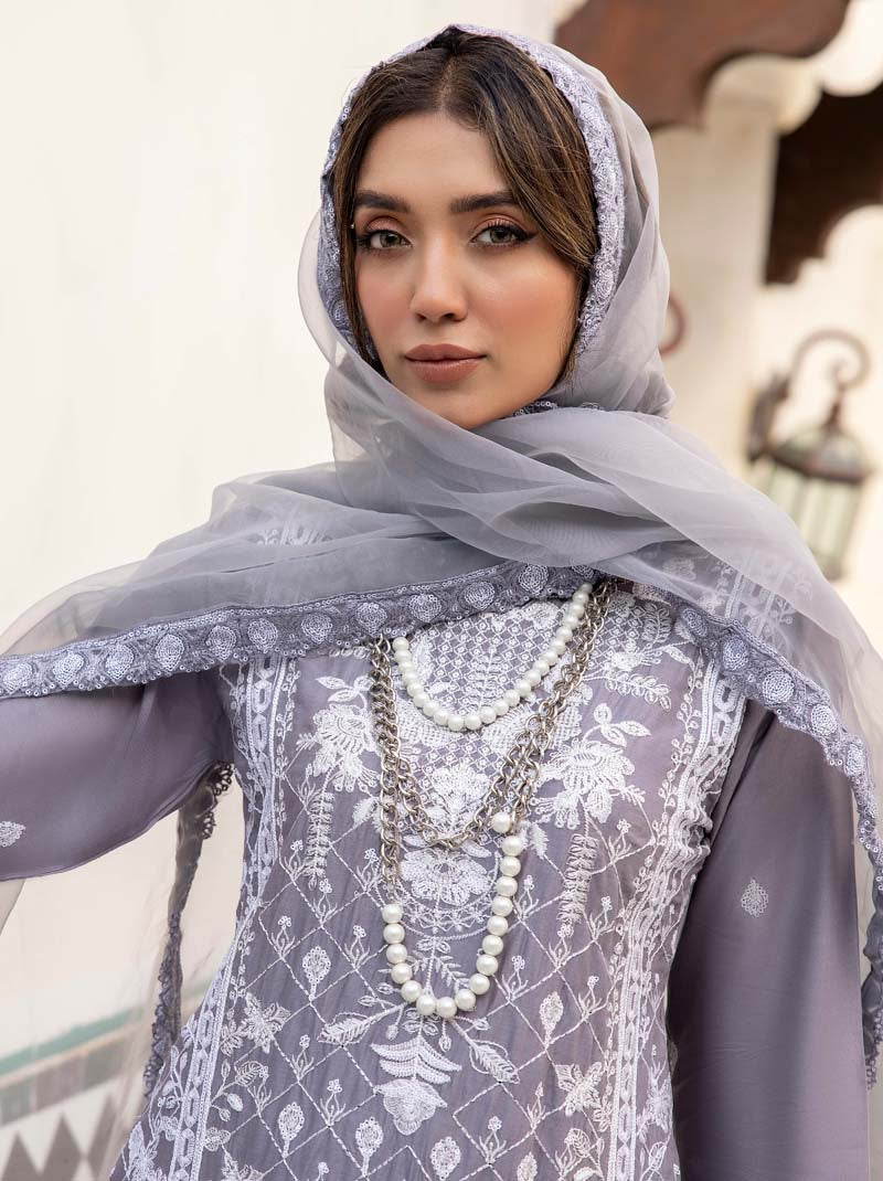 Marea Grey Linen Embroidered 3 Piece Suit With Organza Dupatta - Desi Posh