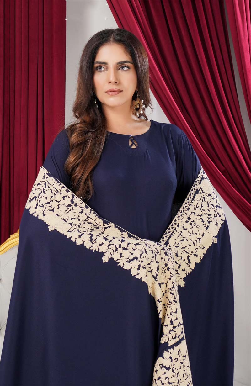 Sana 3 Piece Dhanak Linen Suit with Embroidered Shawl Navy Blue