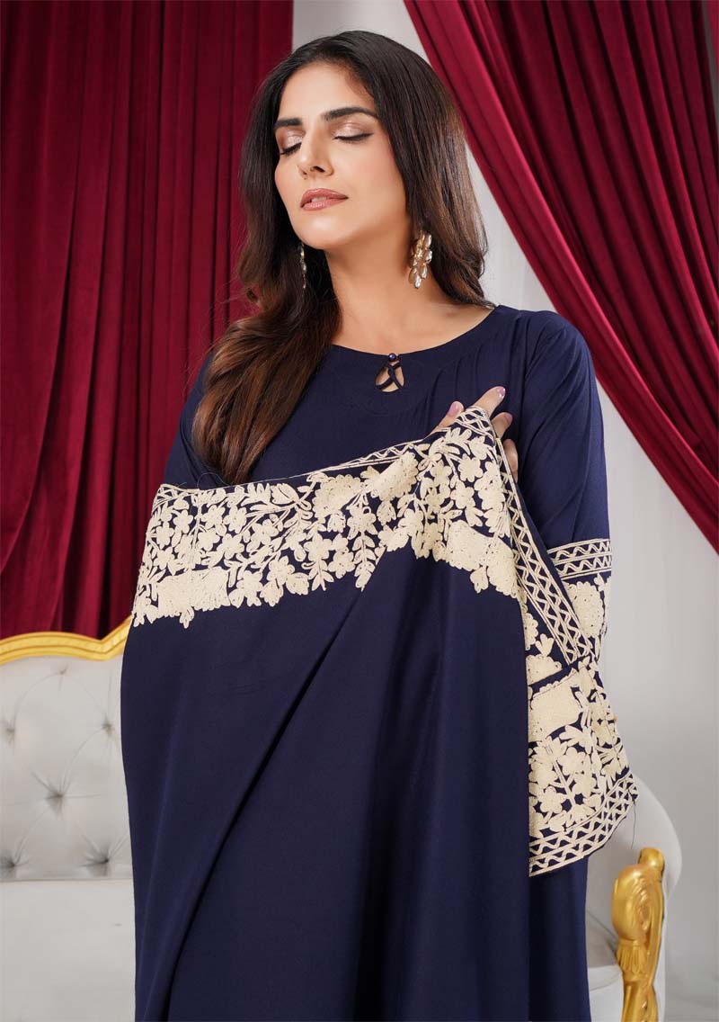 Sana 3 Piece Dhanak Linen Suit with Embroidered Shawl Navy Blue